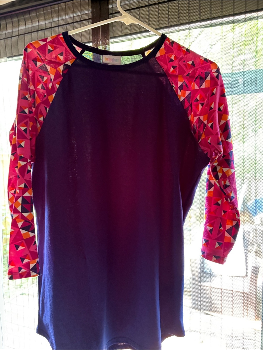 Women’s Navy Randy Top with Pink Geometric Sleeves